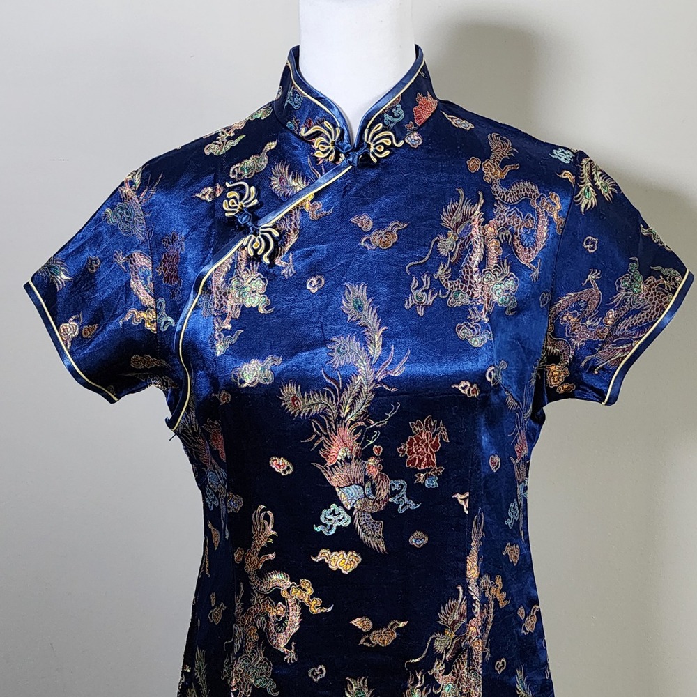 Cheongsam Qipao Dress Womens XXL Blue Dragon Phoenix Brocade Maxi Satin Asian